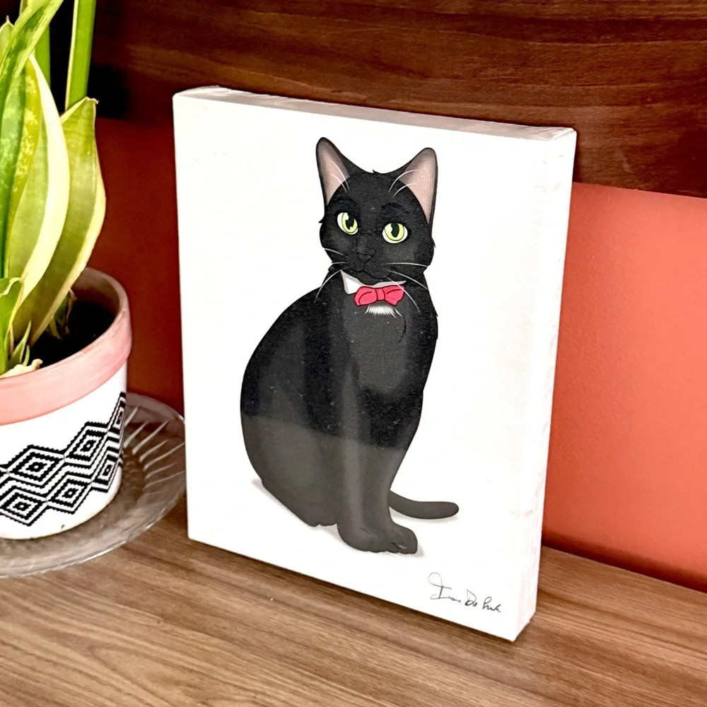 Classy Black Cat Red Bow Tie Cartoon Art Drawing Portrait Canvas Wall Art 8x10”
